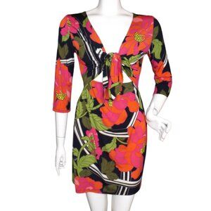 TRINA TURK Mini Dress, S, Black/Multicolor Floral, Tie front, 3/4 sleeve,Stretch